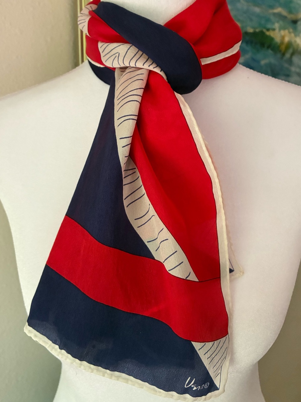 Vera Neumann Silk Scarf Geometric Designer Oblong Red White Blue Vintage
